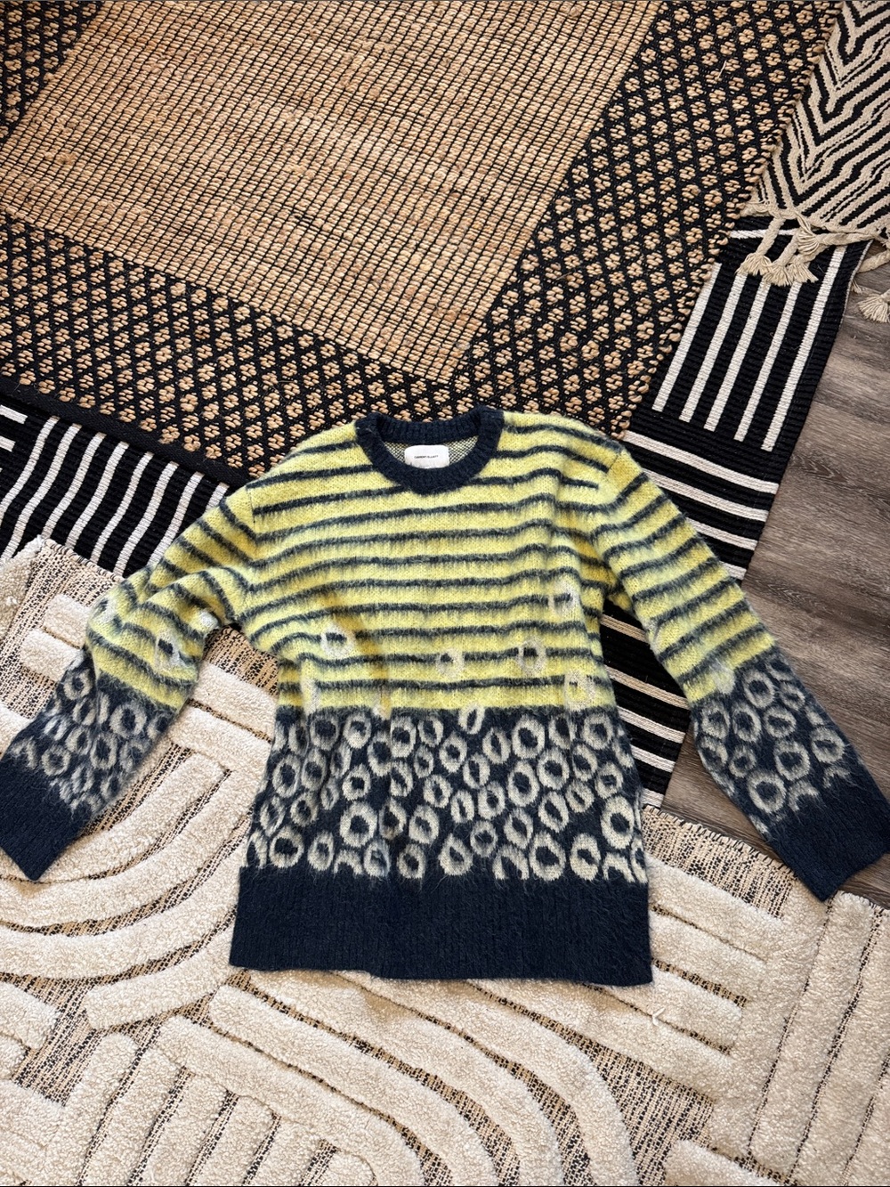 Current/Elliott Yellow and Navy Striped Knit Sweater with Leopard Accent